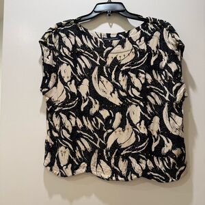 Black and Cream Printed Beaded Boxy Short Sleeve Top